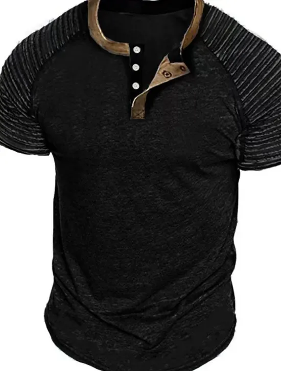 Online OUKU Men's Henley Shirt Plain Slim Pleated Henley Street Vacation Short Sleeves Pleated Sleeve Clothing Apparel Designer Basic Modern Contemporary