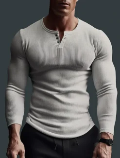 Discount OUKU Men's Henley Shirt Ribbed Knit tee Tee Top Long Sleeve Shirt Plain Pit Strip Henley Street Vacation Long Sleeve Clothing Apparel Fashion Designer Basic