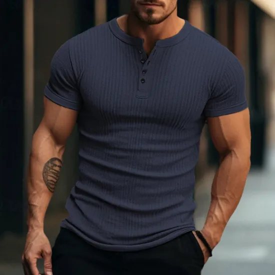 OUKU Men's Henley Shirt Ribbed Knit tee Tee Top Plain Henley Street Vacation Short Sleeves Clothing Apparel Fashion Designer Basic