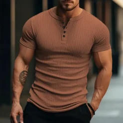 OUKU Men's Henley Shirt Ribbed Knit tee Tee Top Plain Henley Street Vacation Short Sleeves Clothing Apparel Fashion Designer Basic