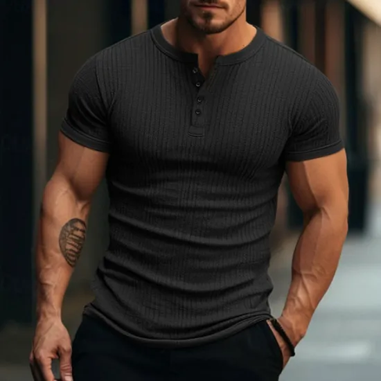 OUKU Men's Henley Shirt Ribbed Knit tee Tee Top Plain Henley Street Vacation Short Sleeves Clothing Apparel Fashion Designer Basic