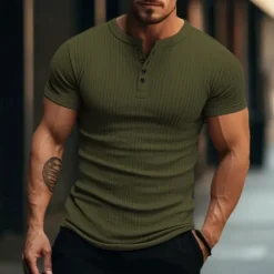 OUKU Men's Henley Shirt Ribbed Knit tee Tee Top Plain Henley Street Vacation Short Sleeves Clothing Apparel Fashion Designer Basic