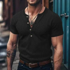New OUKU Men's Henley Shirt Ribbed Knit tee Tee Top Plain Pit Strip Henley Street Vacation Short Sleeves Clothing Apparel Fashion Designer Basic