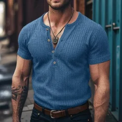 New OUKU Men's Henley Shirt Ribbed Knit tee Tee Top Plain Pit Strip Henley Street Vacation Short Sleeves Clothing Apparel Fashion Designer Basic
