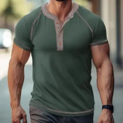 Best OUKU Men's Henley Shirt Short Sleeve Shirt Tee Top Solid Color Henley Outdoor Street Button Clothing Apparel Daily Hawaiian