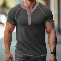 Best OUKU Men's Henley Shirt Short Sleeve Shirt Tee Top Solid Color Henley Outdoor Street Button Clothing Apparel Daily Hawaiian