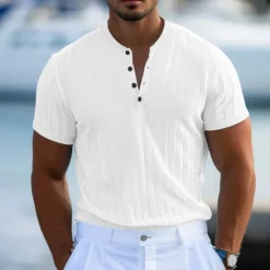 Online OUKU Men's Henley Shirt Short Sleeve Shirt Ribbed Knit tee Tee Top Short Sleeve Solid Color Daily Hawaiian Buttons Henley Outdoor Street Causal Summer Light Blue White Brown Henley T-Shirt