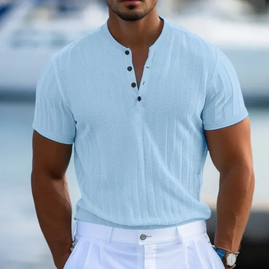 Online OUKU Men's Henley Shirt Short Sleeve Shirt Ribbed Knit tee Tee Top Short Sleeve Solid Color Daily Hawaiian Buttons Henley Outdoor Street Causal Summer Light Blue White Brown Henley T-Shirt