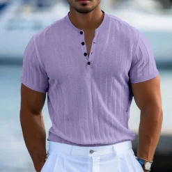 Online OUKU Men's Henley Shirt Short Sleeve Shirt Ribbed Knit tee Tee Top Short Sleeve Solid Color Daily Hawaiian Buttons Henley Outdoor Street Causal Summer Light Blue White Brown Henley T-Shirt