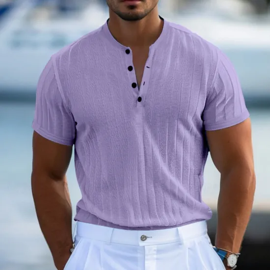Online OUKU Men's Henley Shirt Short Sleeve Shirt Ribbed Knit tee Tee Top Short Sleeve Solid Color Daily Hawaiian Buttons Henley Outdoor Street Causal Summer Light Blue White Brown Henley T-Shirt