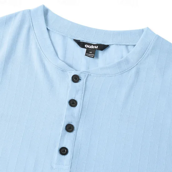 Online OUKU Men's Henley Shirt Short Sleeve Shirt Ribbed Knit tee Tee Top Short Sleeve Solid Color Daily Hawaiian Buttons Henley Outdoor Street Causal Summer Light Blue White Brown Henley T-Shirt