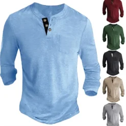 Outlet OUKU Men's Henley Shirt Tee Long Sleeve Shirt Plain Henley Casual Holiday Long Sleeve Button-Down Clothing Apparel Cotton Blend Fashion Designer Comfortable Essential
