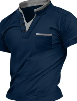 Discount OUKU Men's Henley Shirt Tee Top Plain V Neck Street Vacation Short Sleeves Front Pocket Clothing Apparel Fashion Designer Basic