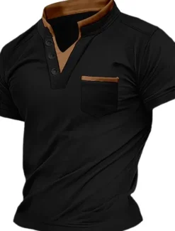Discount OUKU Men's Henley Shirt Tee Top Plain V Neck Street Vacation Short Sleeves Front Pocket Clothing Apparel Fashion Designer Basic