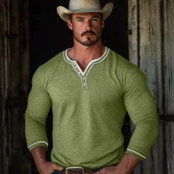 Outlet OUKU Men's Henley Shirt Tee Top Long Sleeve Patchwork Designer Retro Vintage Basic Button Up Fake two piece Henley Vacation Street Casual Daily Summer Black Blue Green Henley T-Shirt