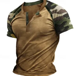 Outlet OUKU Men's Henley Shirt Tee Top Short Sleeve Color Block Fashion Designer Comfortable Buttons Henley Outdoor Casual Daily Summer Army Green Blue Grey Henley T-Shirt