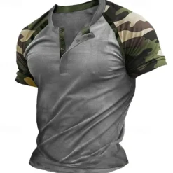 Outlet OUKU Men's Henley Shirt Tee Top Short Sleeve Color Block Fashion Designer Comfortable Buttons Henley Outdoor Casual Daily Summer Army Green Blue Grey Henley T-Shirt