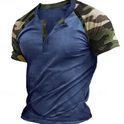 Outlet OUKU Men's Henley Shirt Tee Top Short Sleeve Color Block Fashion Designer Comfortable Buttons Henley Outdoor Casual Daily Summer Army Green Blue Grey Henley T-Shirt