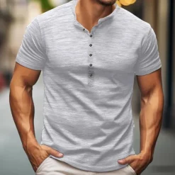 Outlet OUKU Men's Henley Shirt Tee Top Plain Henley Street Vacation Short Sleeves Clothing Apparel Fashion Designer Basic