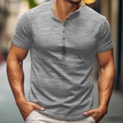 Outlet OUKU Men's Henley Shirt Tee Top Plain Henley Street Vacation Short Sleeves Clothing Apparel Fashion Designer Basic