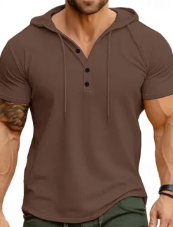 OUKU Men's Henley Shirt Tee Top Plain Hooded Street Vacation Short Sleeves Clothing Apparel Fashion Designer Basic