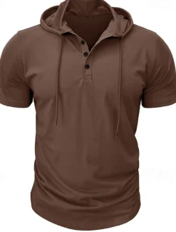 OUKU Men's Henley Shirt Tee Top Plain Hooded Street Vacation Short Sleeves Clothing Apparel Fashion Designer Basic
