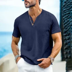 OUKU Men's Henley Shirt Tee Top Short Sleeves Plain Fashion Designer Basic Buttons V Neck V Neck Vacation Street Going out Summer Black White Light Blue Henley T-Shirt