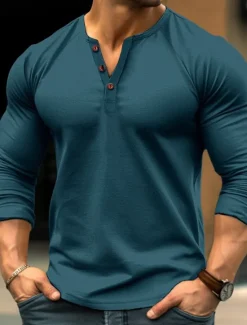 Outlet OUKU Men's Henley Shirt Tee Top Long Sleeve Shirt Plain Henley Street Vacation Long Sleeve Vintage Style Clothing Apparel Fashion Designer Basic