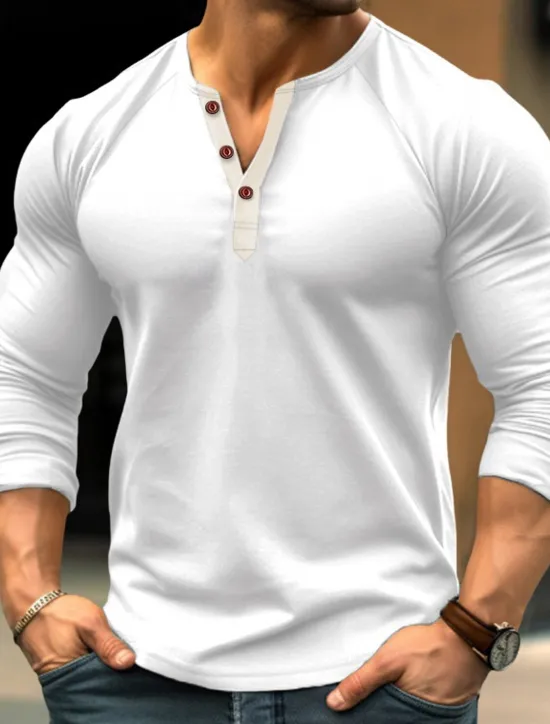 Outlet OUKU Men's Henley Shirt Tee Top Long Sleeve Shirt Plain Henley Street Vacation Long Sleeve Vintage Style Clothing Apparel Fashion Designer Basic