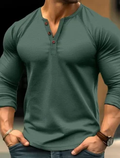 Outlet OUKU Men's Henley Shirt Tee Top Long Sleeve Shirt Plain Henley Street Vacation Long Sleeve Vintage Style Clothing Apparel Fashion Designer Basic