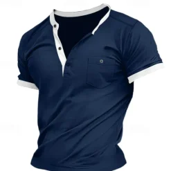 Clearance OUKU Men's Henley Shirt Tee Top Color Block Henley Outdoor Casual Short Sleeve Button Pocket Clothing Apparel Fashion Designer Comfortable