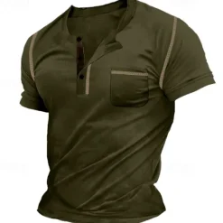 New OUKU Men's Henley Shirt Tee Top Plain Henley Street Vacation Short Sleeves Pocket Vintage Style Clothing Apparel Fashion Designer Basic