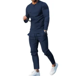 Clearance OUKU Men's Henley Shirt T-shirt Suits Tracksuit Tennis Shirt Long Sleeve Henley Spring & Fall Plain Gymnatics Casual 2 Piece Vacation Daily Wear Activewear Black White Navy Blue Top Tee for Men