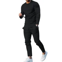 Clearance OUKU Men's Henley Shirt T-shirt Suits Tracksuit Tennis Shirt Long Sleeve Henley Spring & Fall Plain Gymnatics Casual 2 Piece Vacation Daily Wear Activewear Black White Navy Blue Top Tee for Men
