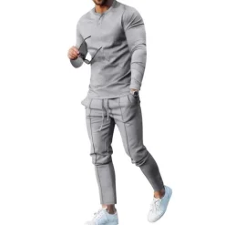 Clearance OUKU Men's Henley Shirt T-shirt Suits Tracksuit Tennis Shirt Long Sleeve Henley Spring & Fall Plain Gymnatics Casual 2 Piece Vacation Daily Wear Activewear Black White Navy Blue Top Tee for Men