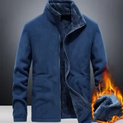 OUKU Men's Hiking Fleece Jacket Windbreaker Polar Fleece Winter Outdoor Solid Color Thermal Warm Windproof Lightweight Stand Collar Outerwear Trench Coat Top Single Slider Hunting Fishing Climbing Blue