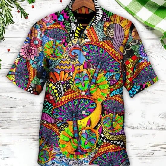 Online OUKU Men's Hippie Colorful Mushroom Shirt Summer Hawaiian Shirt Button Up Shirt Short Sleeve Sports Fashion Streetwear Outdoor Casual Hawaiian Summer Spring Cuban Collar Print Black Blue Purple