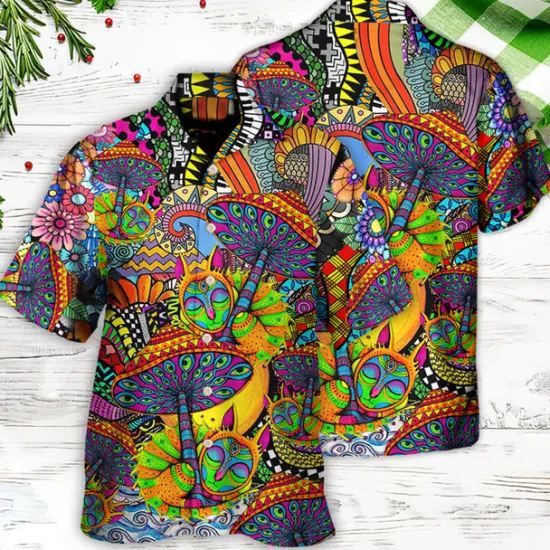 Online OUKU Men's Hippie Colorful Mushroom Shirt Summer Hawaiian Shirt Button Up Shirt Short Sleeve Sports Fashion Streetwear Outdoor Casual Hawaiian Summer Spring Cuban Collar Print Black Blue Purple