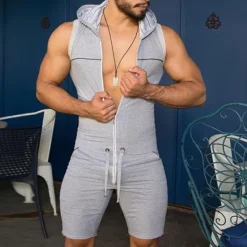 Best OUKU Mens Hooded Sleeveless Onesie Stretchy Jumpsuit Breathable Tight Onesies with Zipper