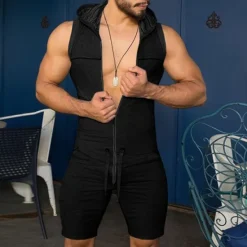 Best OUKU Mens Hooded Sleeveless Onesie Stretchy Jumpsuit Breathable Tight Onesies with Zipper