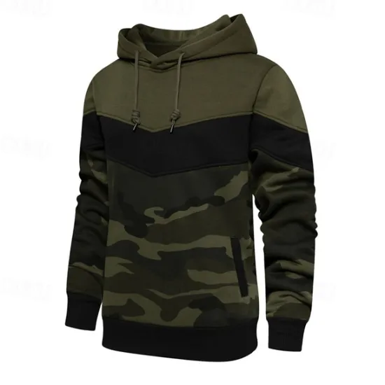 Outlet OUKU Men's Hoodie Army Green Coffee Hooded Color Block Camouflage Patchwork Pocket Sports & Outdoor Daily Holiday Streetwear Basic Casual Spring & Fall Clothing Apparel Hoodies Sweatshirts