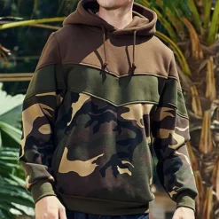Outlet OUKU Men's Hoodie Army Green Coffee Hooded Color Block Camouflage Patchwork Pocket Sports & Outdoor Daily Holiday Streetwear Basic Casual Spring & Fall Clothing Apparel Hoodies Sweatshirts