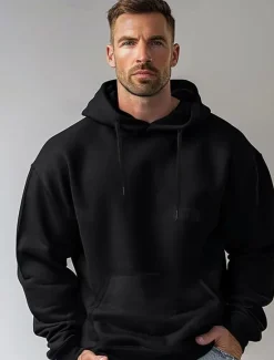 Best OUKU Men's Hoodie Black White Hooded Plain Sports & Outdoor Daily Holiday Cotton Streetwear Cool Casual Spring & Fall Clothing Apparel Hoodies Sweatshirts Long Sleeve