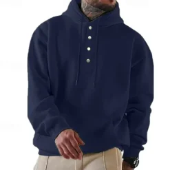 Online OUKU Men's Hoodie Button Up Hoodie Black Navy Blue Blue Gray Hooded Plain Pocket Drawstring Sports & Outdoor Daily Holiday Streetwear Basic Casual Spring & Fall Clothing Apparel Hoodies Sweatshirts