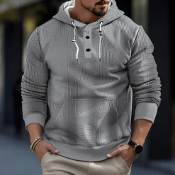 Hot OUKU Men's Hoodie Button Up Hoodie Black White Gray Hooded Plain Jacquard Pocket Sports & Outdoor Daily Holiday Textured Streetwear Cool Casual Spring & Fall Clothing Apparel Hoodies Sweatshirts Long