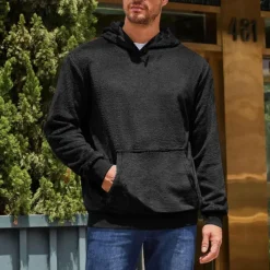 Online OUKU Men's Hoodie Fuzzy Sherpa Black Blue Brown Khaki Gray Hooded Plain Pocket Sports & Outdoor Daily Holiday Streetwear Cool Casual Spring & Fall Clothing Apparel Hoodies Sweatshirts
