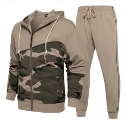 New OUKU Men's Hoodie Tracksuit Full Zip Hoodie Sweatsuit Army Green Khaki Gray Hooded Color Block Camouflage Patchwork 2 Piece Sports & Outdoor Daily Holiday Streetwear Basic Casual Spring & Fall Clothing