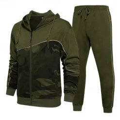 New OUKU Men's Hoodie Tracksuit Full Zip Hoodie Sweatsuit Army Green Khaki Gray Hooded Color Block Camouflage Patchwork 2 Piece Sports & Outdoor Daily Holiday Streetwear Basic Casual Spring & Fall Clothing