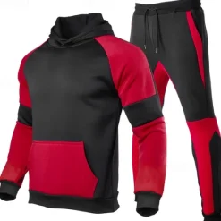 OUKU Men's Hoodie Tracksuit Sweatsuit Hoodies Set Black Red Light Grey Black+Gray Gray Hooded Color Block Drawstring 2 Piece Front Pocket Sports & Outdoor Daily Holiday Polyester Streetwear Basic Casual