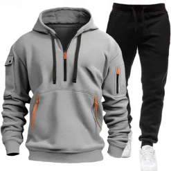 OUKU Men's Hoodie Tracksuit Sweatsuit Black White Navy Blue Blue Light Grey Hooded Half Zip Plain 2 Piece Sports & Outdoor Daily Holiday Polyester Streetwear Casual Spring & Fall Clothing Apparel Hoodies